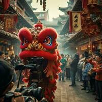 draak of leeuw dans tonen barongsai in viering Chinese maan- nieuw jaar festival. Aziatisch traditioneel concept door ai gegenereerd foto