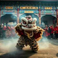 draak of leeuw dans tonen barongsai in viering Chinese maan- nieuw jaar festival. Aziatisch traditioneel concept door ai gegenereerd foto