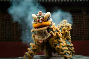 draak of leeuw dans tonen barongsai in viering Chinese maan- nieuw jaar festival. Aziatisch traditioneel concept door ai gegenereerd foto