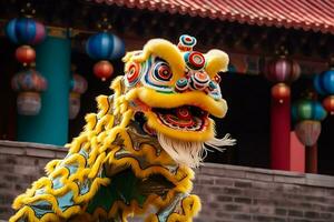 draak of leeuw dans tonen barongsai in viering Chinese maan- nieuw jaar festival. Aziatisch traditioneel concept door ai gegenereerd foto