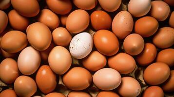 een veel hoop van vers kip eieren Aan de houten, nest of rietje mand. eco eieren boodschappen gezond concept door ai gegenereerd foto