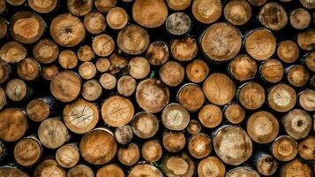 een groot circulaire stuk van hout, houten romp of gestapeld boom timmerhout voor meubilair industrie. houten log concept door ai gegenereerd foto