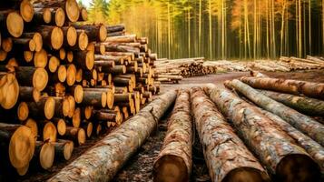 een groot circulaire stuk van hout, houten romp of gestapeld boom timmerhout voor meubilair industrie. houten log concept door ai gegenereerd foto