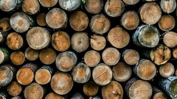 een groot circulaire stuk van hout, houten romp of gestapeld boom timmerhout voor meubilair industrie. houten log concept door ai gegenereerd foto