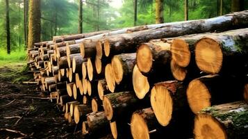 een groot circulaire stuk van hout, houten romp of gestapeld boom timmerhout voor meubilair industrie. houten log concept door ai gegenereerd foto