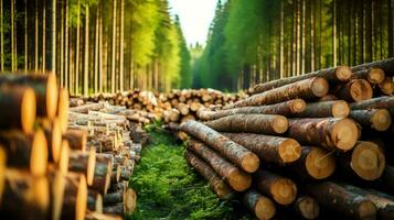 een groot circulaire stuk van hout, houten romp of gestapeld boom timmerhout voor meubilair industrie. houten log concept door ai gegenereerd foto