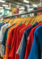 rij van modieus polo t-shirts voor Mens Aan houten hanger of rek in een kleding winkel kleinhandel winkel concept door ai gegenereerd foto