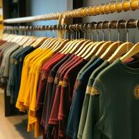 rij van modieus polo t-shirts voor Mens Aan houten hanger of rek in een kleding winkel kleinhandel winkel concept door ai gegenereerd foto