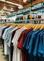 rij van modieus polo t-shirts voor Mens Aan houten hanger of rek in een kleding winkel kleinhandel winkel concept door ai gegenereerd foto