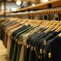 rij van modieus polo t-shirts voor Mens Aan houten hanger of rek in een kleding winkel kleinhandel winkel concept door ai gegenereerd foto