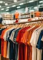 rij van modieus polo t-shirts voor Mens Aan houten hanger of rek in een kleding winkel kleinhandel winkel concept door ai gegenereerd foto