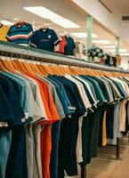 rij van modieus polo t-shirts voor Mens Aan houten hanger of rek in een kleding winkel kleinhandel winkel concept door ai gegenereerd foto