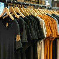 rij van modieus polo t-shirts voor Mens Aan houten hanger of rek in een kleding winkel kleinhandel winkel concept door ai gegenereerd foto