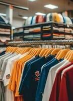 rij van modieus polo t-shirts voor Mens Aan houten hanger of rek in een kleding winkel kleinhandel winkel concept door ai gegenereerd foto