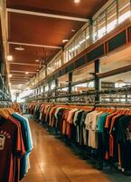 rij van modieus polo t-shirts voor Mens Aan houten hanger of rek in een kleding winkel kleinhandel winkel concept door ai gegenereerd foto