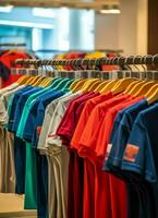 rij van modieus polo t-shirts voor Mens Aan houten hanger of rek in een kleding winkel kleinhandel winkel concept door ai gegenereerd foto