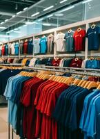 rij van modieus polo t-shirts voor Mens Aan houten hanger of rek in een kleding winkel kleinhandel winkel concept door ai gegenereerd foto