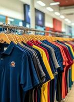 rij van modieus polo t-shirts voor Mens Aan houten hanger of rek in een kleding winkel kleinhandel winkel concept door ai gegenereerd foto