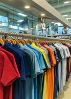 rij van modieus polo t-shirts voor Mens Aan houten hanger of rek in een kleding winkel kleinhandel winkel concept door ai gegenereerd foto