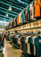 rij van modieus polo t-shirts voor Mens Aan houten hanger of rek in een kleding winkel kleinhandel winkel concept door ai gegenereerd foto