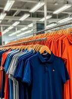 rij van modieus polo t-shirts voor Mens Aan houten hanger of rek in een kleding winkel kleinhandel winkel concept door ai gegenereerd foto