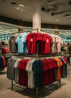 rij van modieus polo t-shirts voor Mens Aan houten hanger of rek in een kleding winkel kleinhandel winkel concept door ai gegenereerd foto