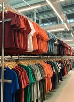 rij van modieus polo t-shirts voor Mens Aan houten hanger of rek in een kleding winkel kleinhandel winkel concept door ai gegenereerd foto