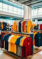 rij van modieus polo t-shirts voor Mens Aan houten hanger of rek in een kleding winkel kleinhandel winkel concept door ai gegenereerd foto