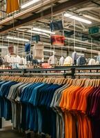 rij van modieus polo t-shirts voor Mens Aan houten hanger of rek in een kleding winkel kleinhandel winkel concept door ai gegenereerd foto