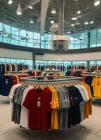 rij van modieus polo t-shirts voor Mens Aan houten hanger of rek in een kleding winkel kleinhandel winkel concept door ai gegenereerd foto