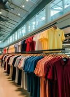 rij van modieus polo t-shirts voor Mens Aan houten hanger of rek in een kleding winkel kleinhandel winkel concept door ai gegenereerd foto