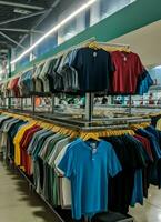 rij van modieus polo t-shirts voor Mens Aan houten hanger of rek in een kleding winkel kleinhandel winkel concept door ai gegenereerd foto