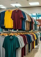 rij van modieus polo t-shirts voor Mens Aan houten hanger of rek in een kleding winkel kleinhandel winkel concept door ai gegenereerd foto