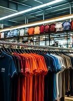 rij van modieus polo t-shirts voor Mens Aan houten hanger of rek in een kleding winkel kleinhandel winkel concept door ai gegenereerd foto