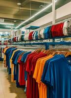 rij van modieus polo t-shirts voor Mens Aan houten hanger of rek in een kleding winkel kleinhandel winkel concept door ai gegenereerd foto