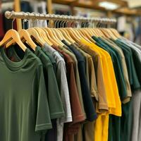rij van modieus polo t-shirts voor Mens Aan houten hanger of rek in een kleding winkel kleinhandel winkel concept door ai gegenereerd foto