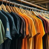 rij van modieus polo t-shirts voor Mens Aan houten hanger of rek in een kleding winkel kleinhandel winkel concept door ai gegenereerd foto