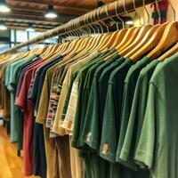 rij van modieus polo t-shirts voor Mens Aan houten hanger of rek in een kleding winkel kleinhandel winkel concept door ai gegenereerd foto