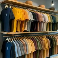 rij van modieus polo t-shirts voor Mens Aan houten hanger of rek in een kleding winkel kleinhandel winkel concept door ai gegenereerd foto