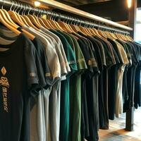 rij van modieus polo t-shirts voor Mens Aan houten hanger of rek in een kleding winkel kleinhandel winkel concept door ai gegenereerd foto