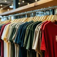 rij van modieus polo t-shirts voor Mens Aan houten hanger of rek in een kleding winkel kleinhandel winkel concept door ai gegenereerd foto