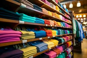 rij van modieus polo t-shirts voor Mens Aan houten hanger of rek in een kleding winkel kleinhandel winkel concept door ai gegenereerd foto