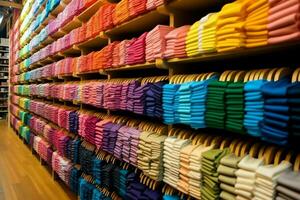 rij van modieus polo t-shirts voor Mens Aan houten hanger of rek in een kleding winkel kleinhandel winkel concept door ai gegenereerd foto