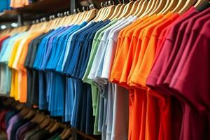 rij van modieus polo t-shirts voor Mens Aan houten hanger of rek in een kleding winkel kleinhandel winkel concept door ai gegenereerd foto