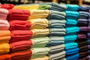 rij van modieus polo t-shirts voor Mens Aan houten hanger of rek in een kleding winkel kleinhandel winkel concept door ai gegenereerd foto