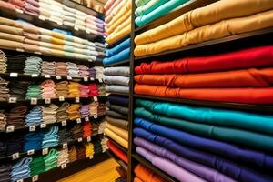 rij van modieus polo t-shirts voor Mens Aan houten hanger of rek in een kleding winkel kleinhandel winkel concept door ai gegenereerd foto