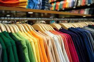 rij van modieus polo t-shirts voor Mens Aan houten hanger of rek in een kleding winkel kleinhandel winkel concept door ai gegenereerd foto