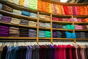 rij van modieus polo t-shirts voor Mens Aan houten hanger of rek in een kleding winkel kleinhandel winkel concept door ai gegenereerd foto