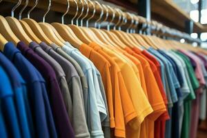 rij van modieus polo t-shirts voor Mens Aan houten hanger of rek in een kleding winkel kleinhandel winkel concept door ai gegenereerd foto