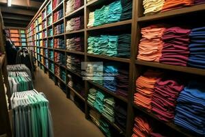 rij van modieus polo t-shirts voor Mens Aan houten hanger of rek in een kleding winkel kleinhandel winkel concept door ai gegenereerd foto